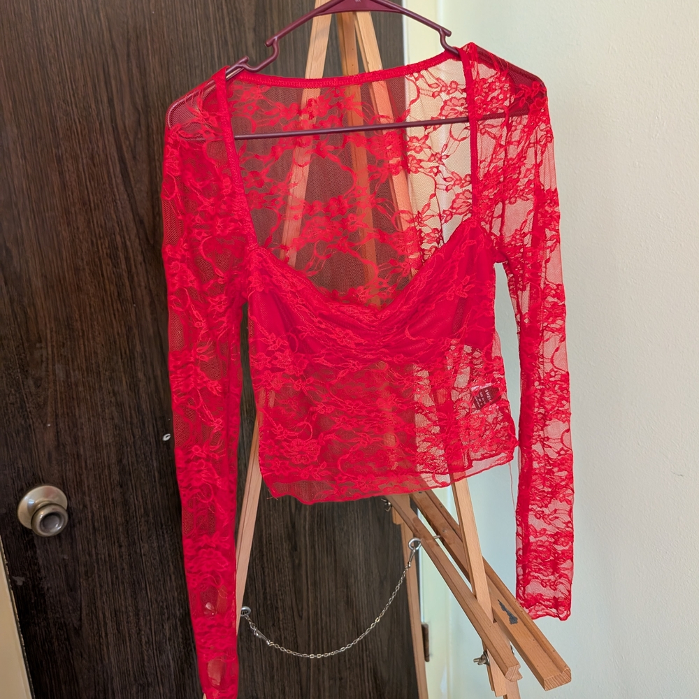SHEIN Red Lace Long Sleeve Top